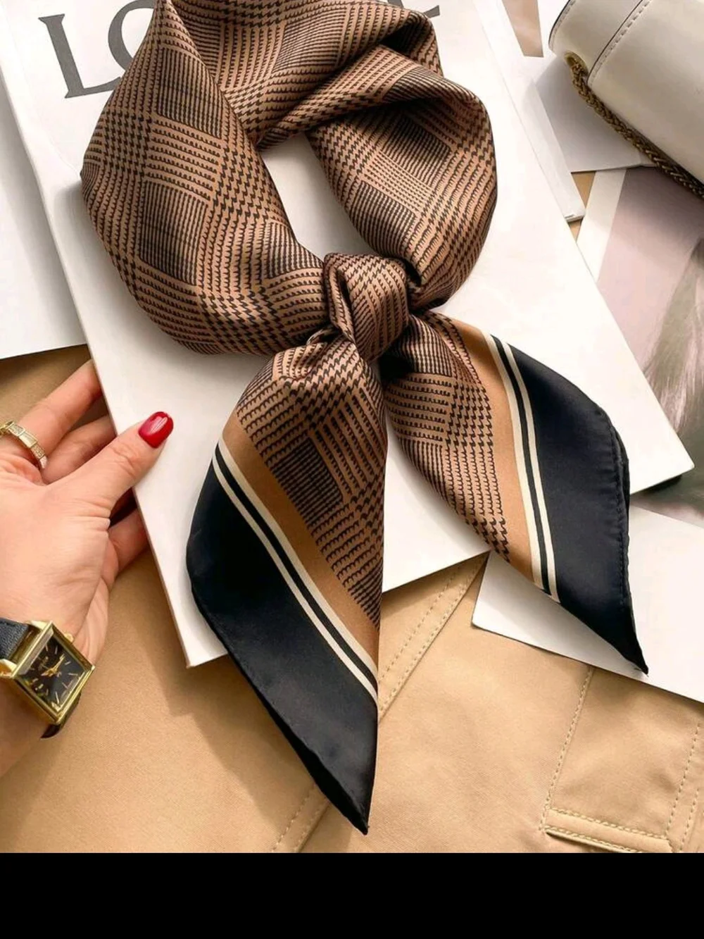 Ladies Brown and Black Plaid Silk Scarf - Elegant Neck Accessory 26.8